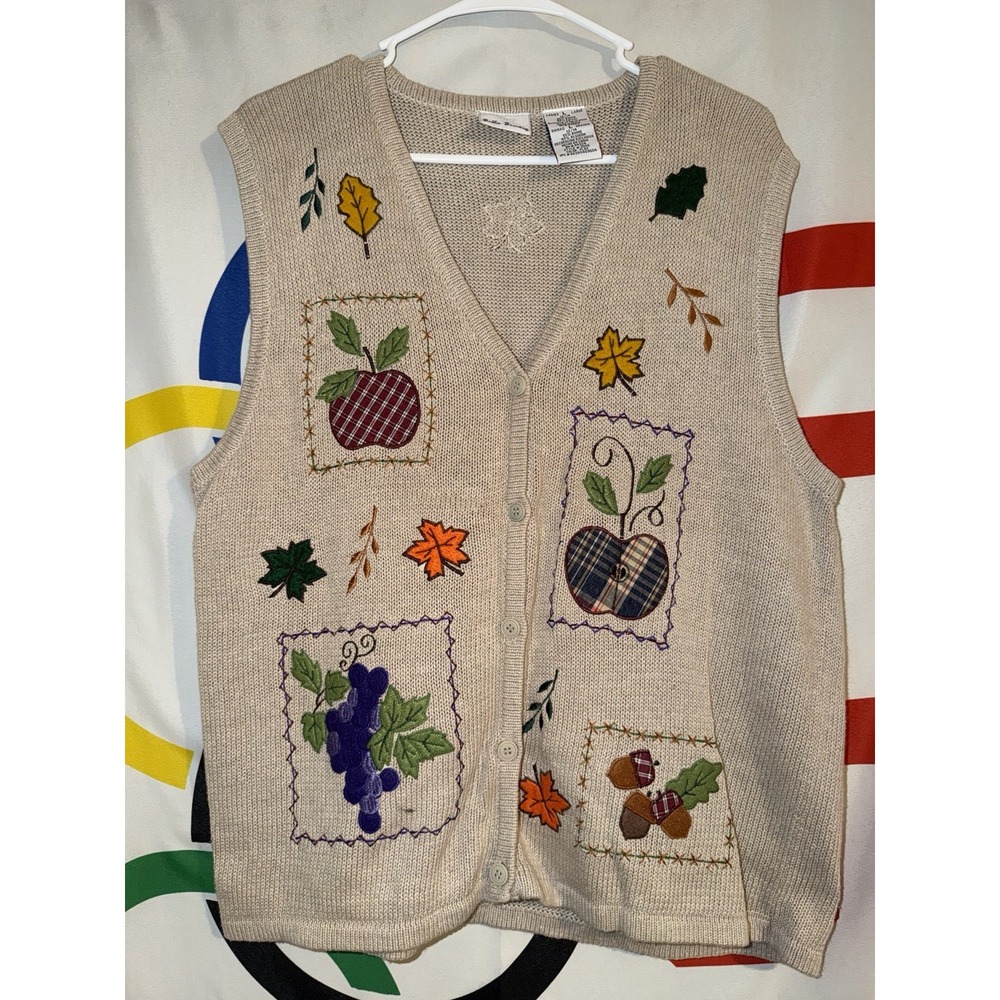 Bobbie Brooks Autumn Fall Sweater Vest Womens Large Beige Button Up